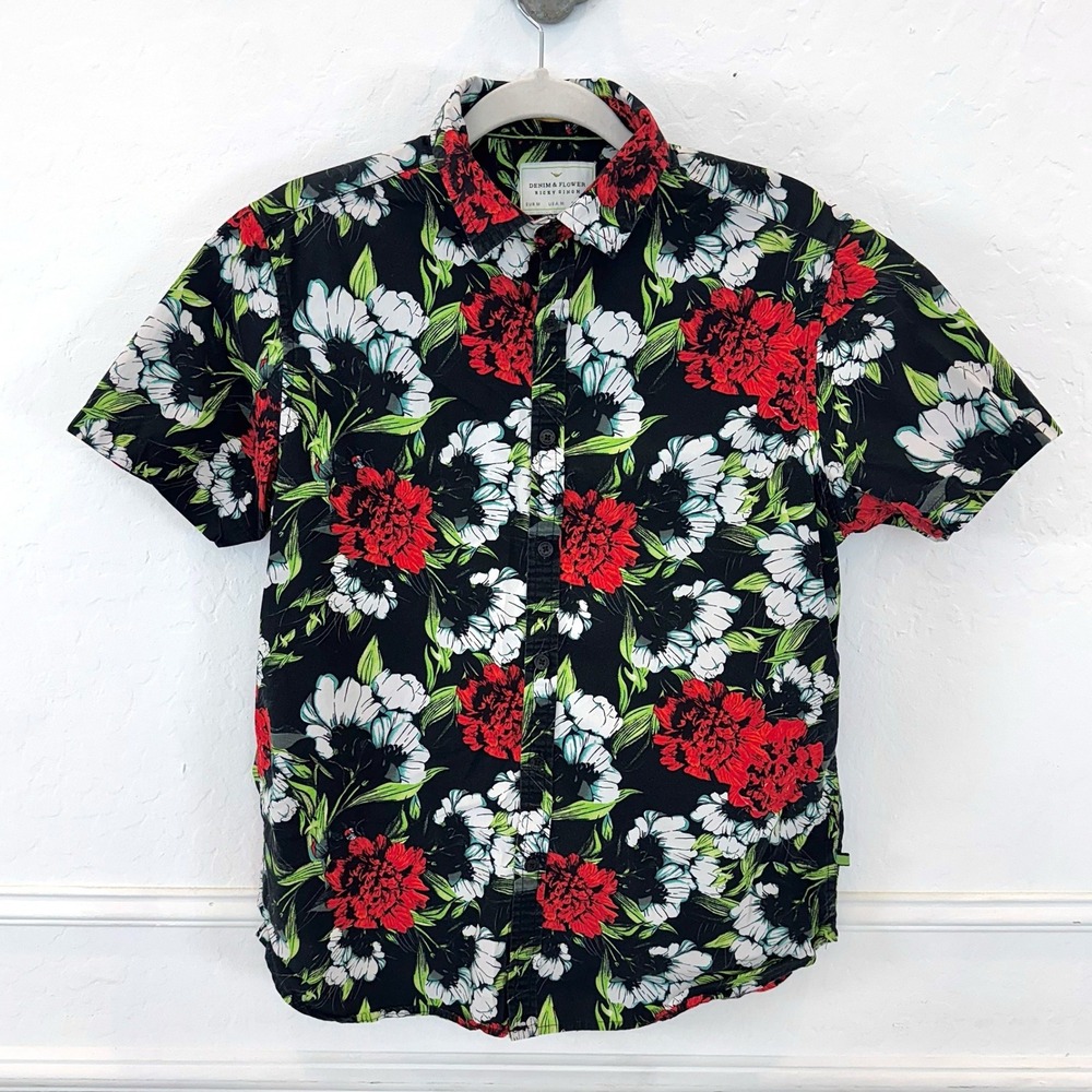 Denim & Flower Ricky Singh Slim Fit‎ Short Sleeve Button Down Black Floral Men M